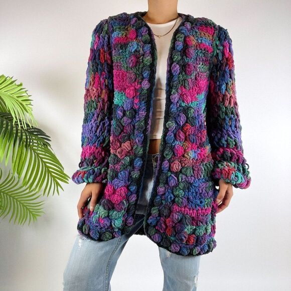 Vintage 80s Retro Chunky Knit Oversized Grandma Sweater Crochet Cardigan / Large - Picture 1 of 7